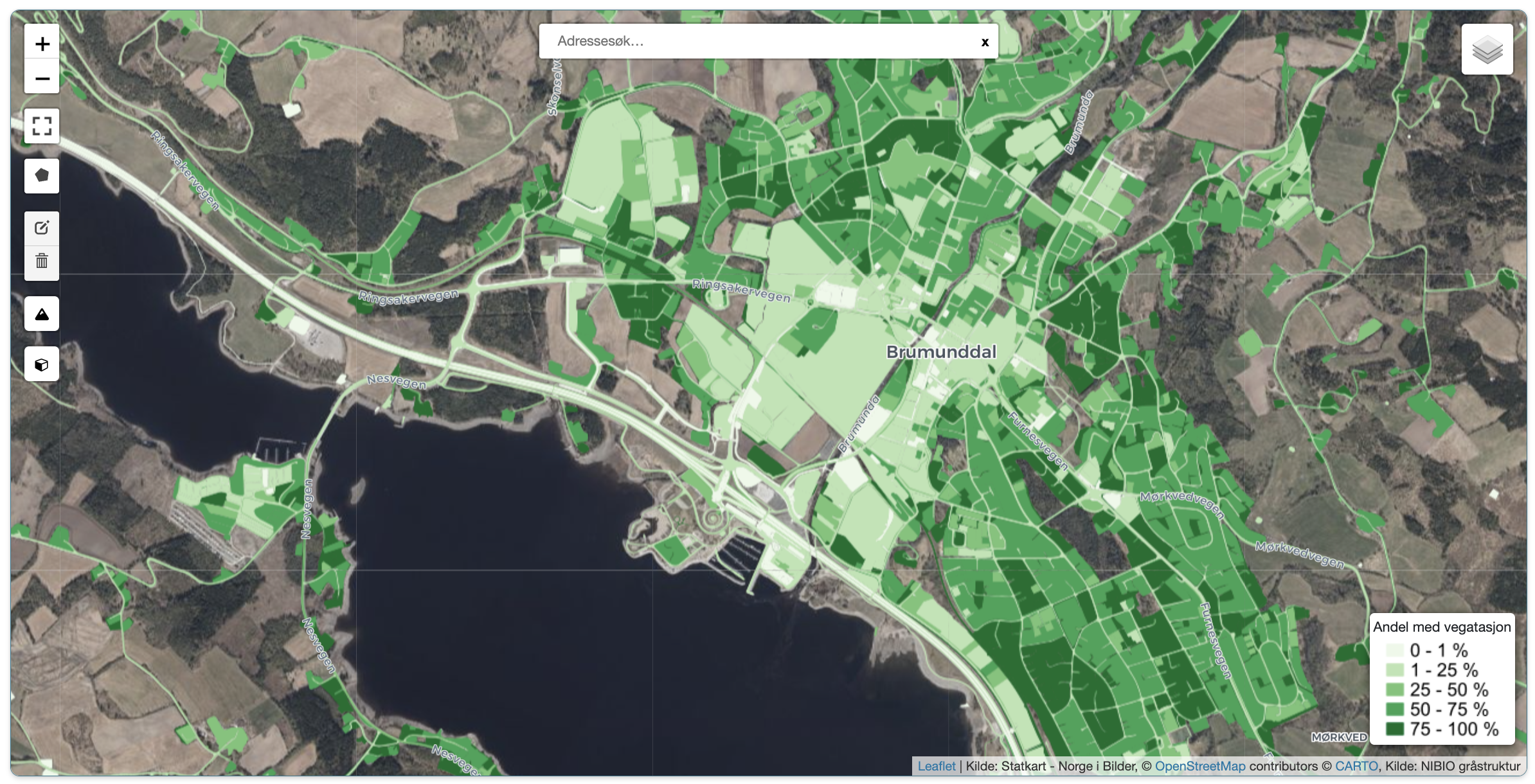 Figur 2. Grå årealer. Andel med bygninger. Kilde: NIBIO