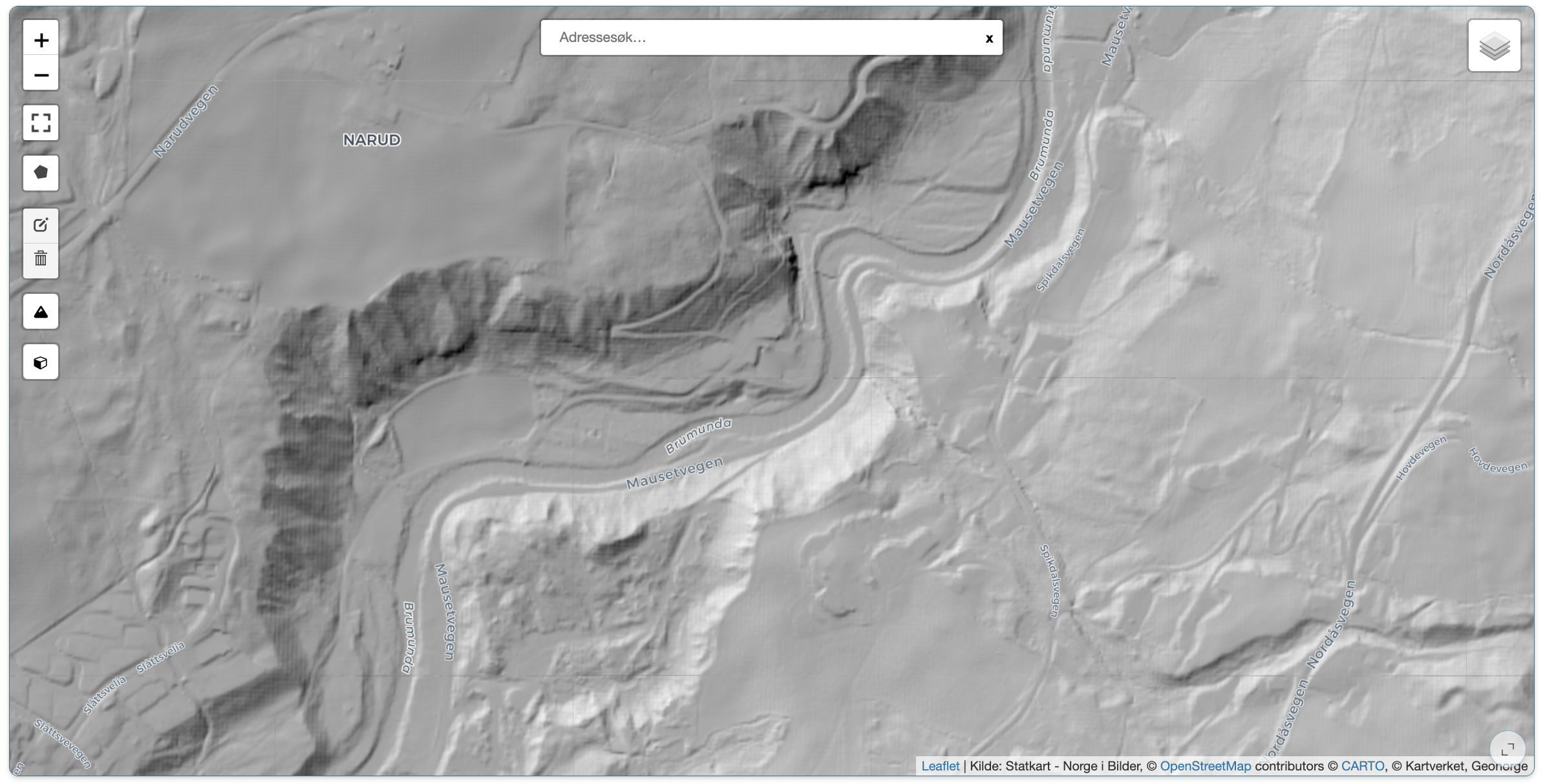 Figur 3. Terrengmodell. Skyggerelieff. Kilde: Kartverket.